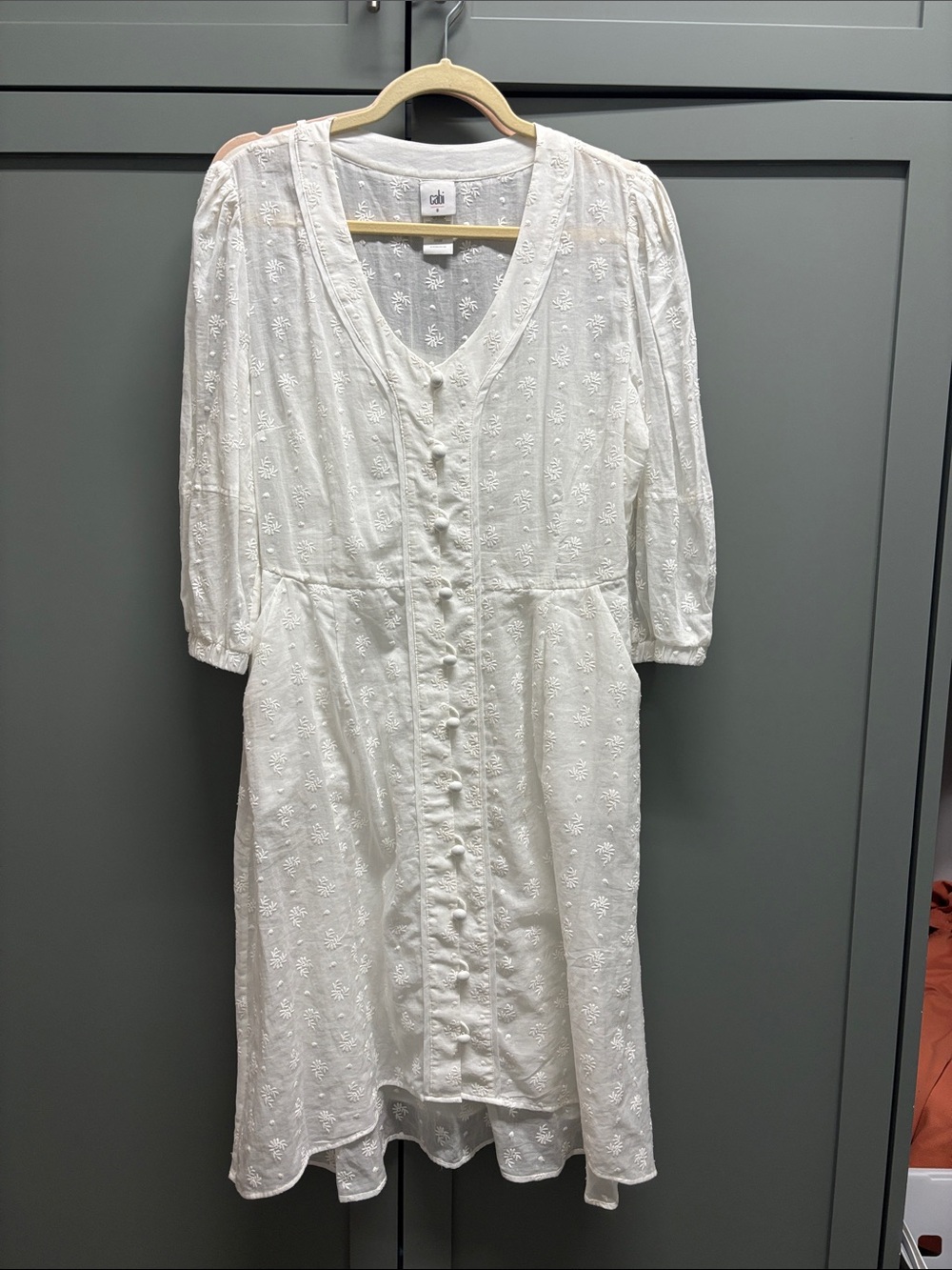 CAbi White Embroidered Button-Front Midi Dress
